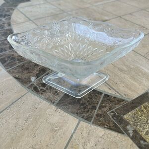 Vintage Clear Glass Diamond Shaped Floral Pedestal Candy Dish